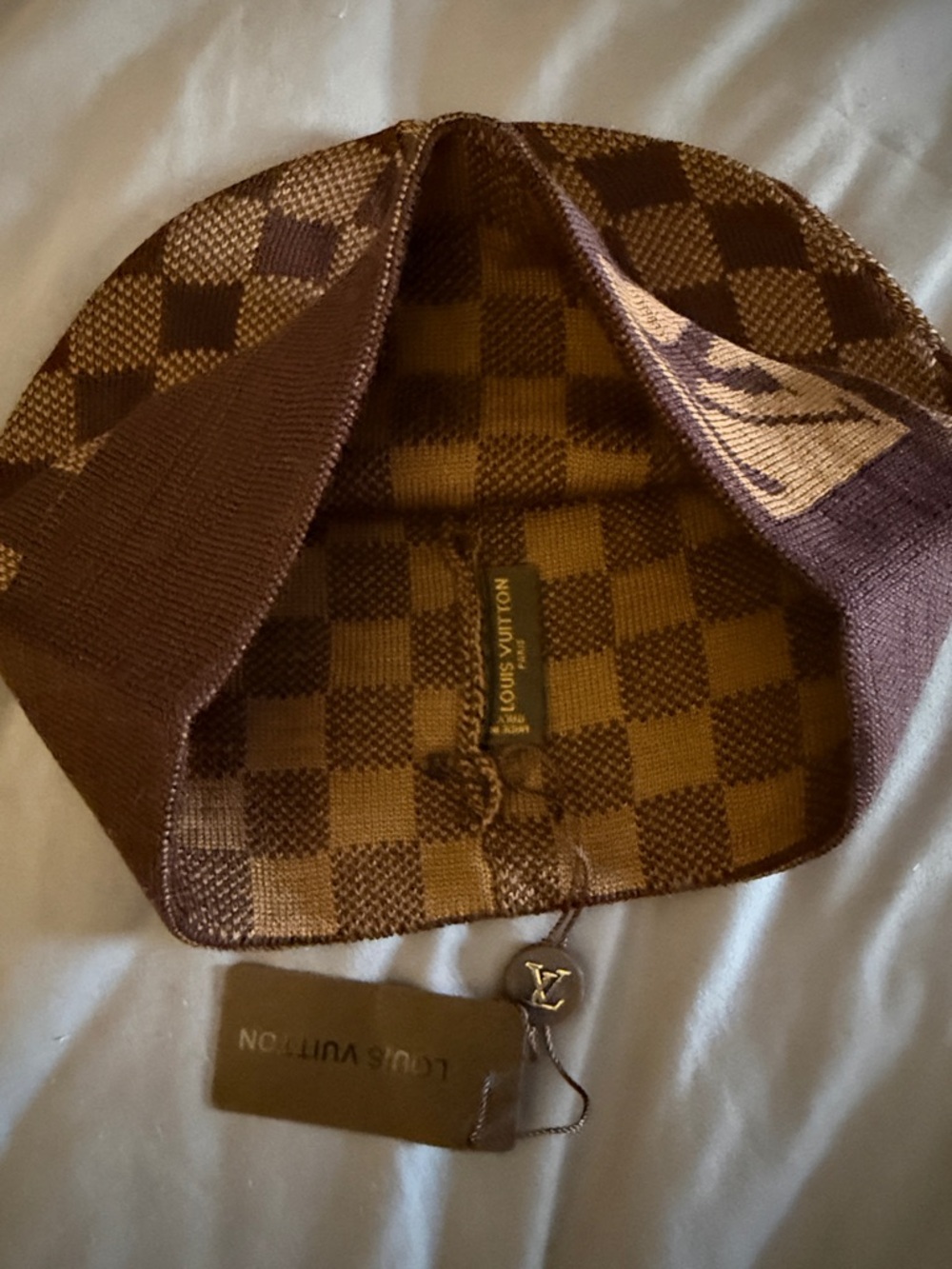 Louis Vuitton Brown Checker Knit Beanie and Scarf Set - Picture 5 of 6